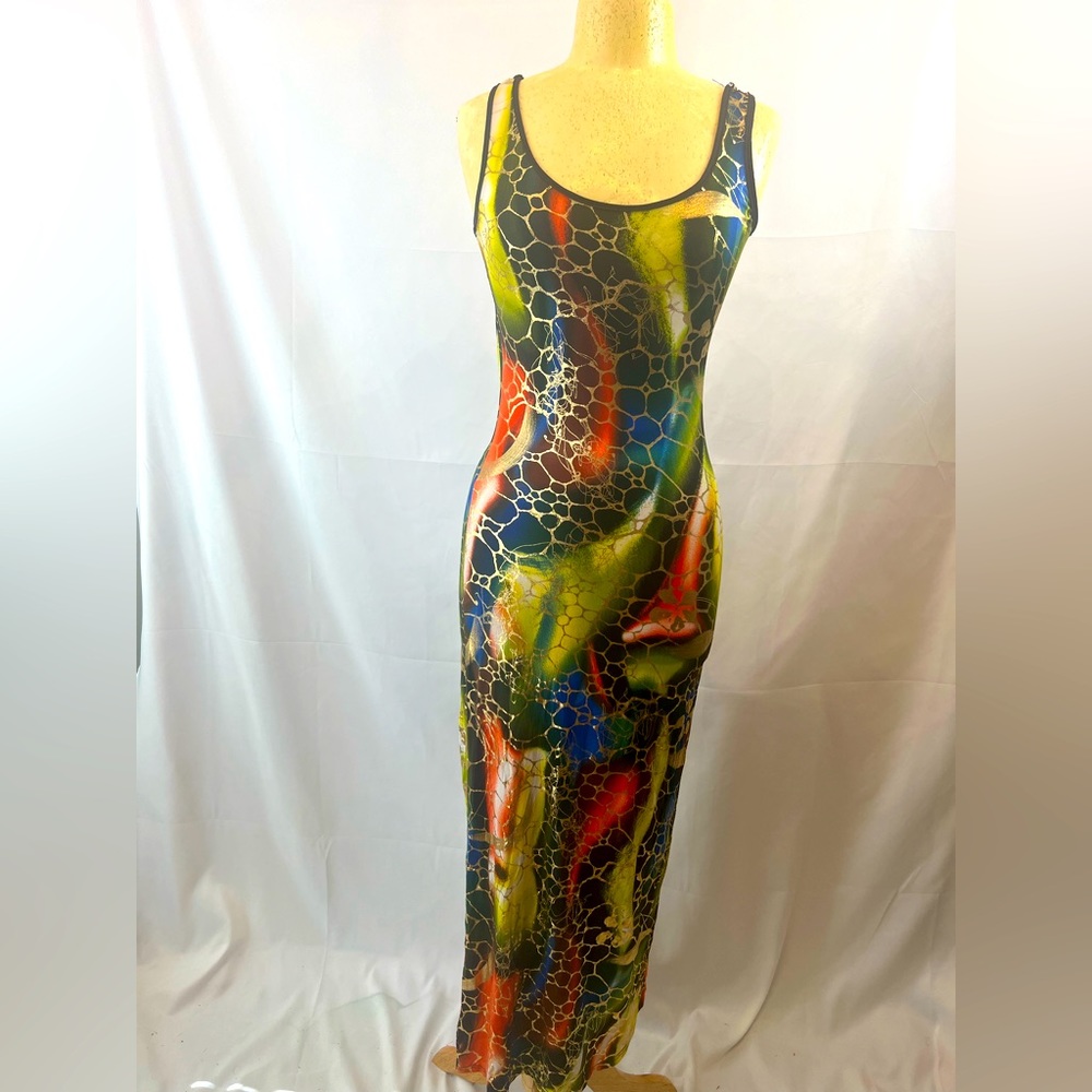 Long ankle length metallic multicolor abstract colorful dress Size Large